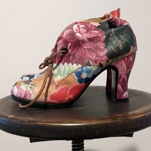John Fluevog Leather Floral Pattern Ankle Boots, Size 9.5